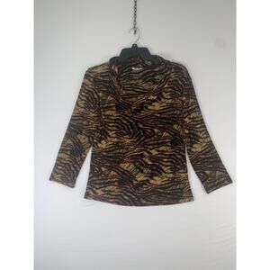Carducci Blouse Womens Small Brown Tiger Print Cowl Neck 3/4 Sleeve Knit Top